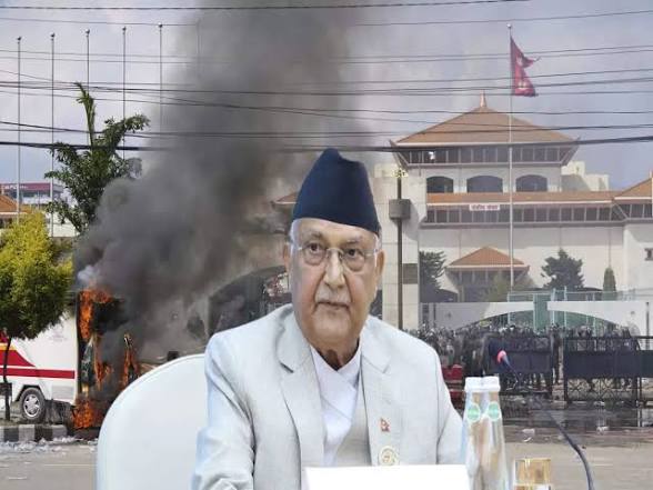 Samsad Bhawan engulfed in flames during the riots of September 9, 2025.