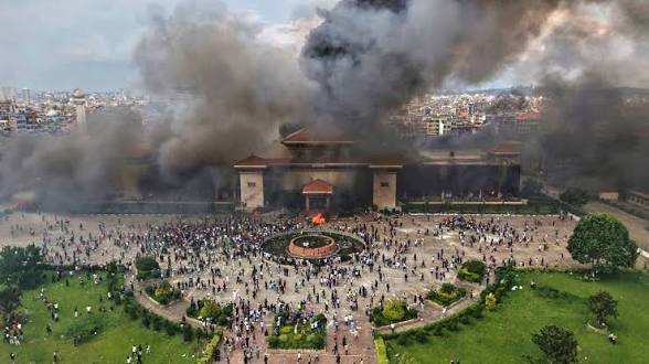 Samsad Bhawan, Nepal’s historic administrative palace, engulfed in flames on September 9, 2025.